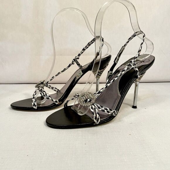 BLACK, WHITE & SILVER BRAID 4” HEEL SANDAL w RHINESTONES SAMDAL SIZE 8 EUC - Picture 4 of 8